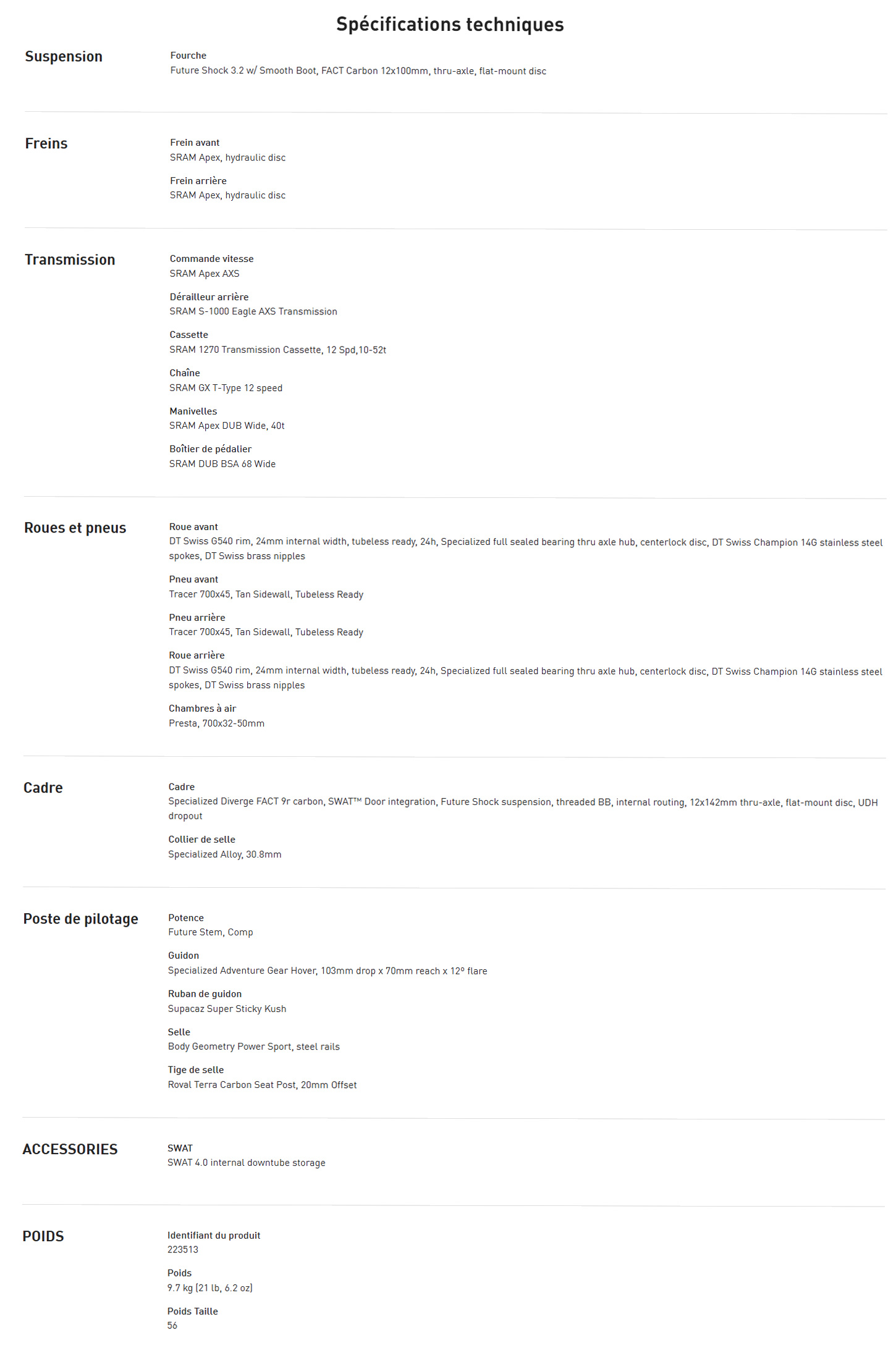 Caractéristique technique du vélo Diverge 4 Comp Carbon année 2026
